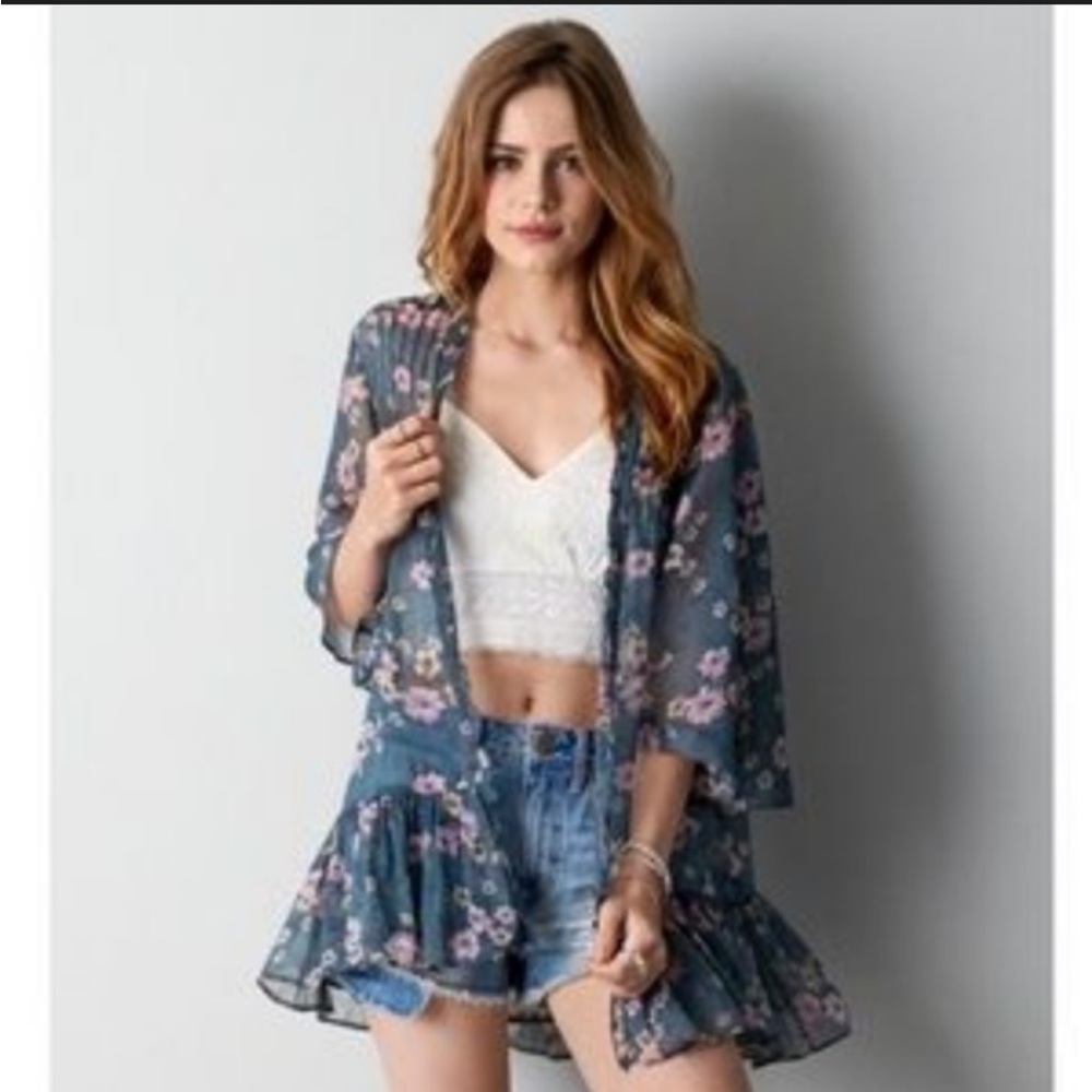 American Eagle Ruffle Floral Sheer Kimono